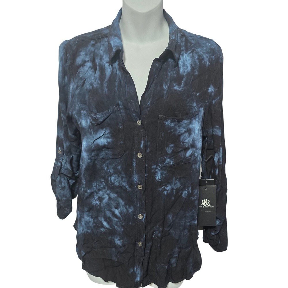 Rock & Republic Womens Indigo Tie Dye Button‎ Down Shirt Small Crocking